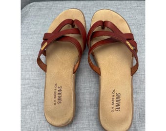 Vintage Bass Sunjuns Mahogany Brown Leather Strappy Loop Slide Sandals Womens 7M