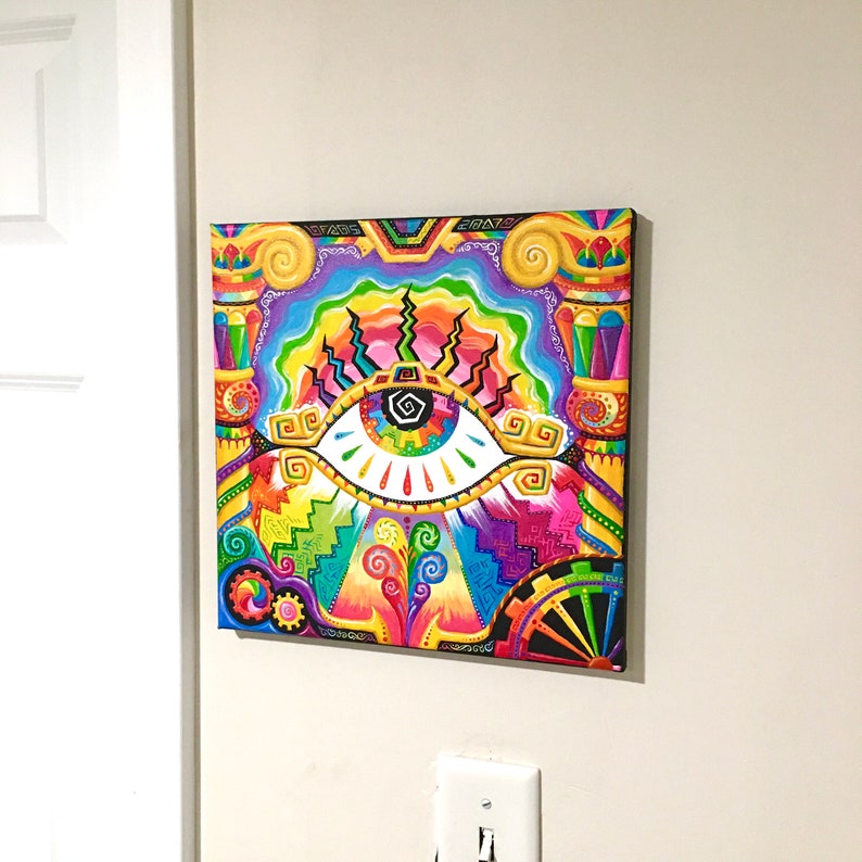 May include: A colorful abstract painting of an eye with rainbow colors and geometric patterns. The eye is surrounded by swirls and other abstract shapes.