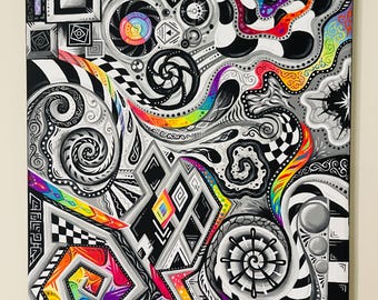 Black and White / Rainbow Painting - "Ripples in Fog"