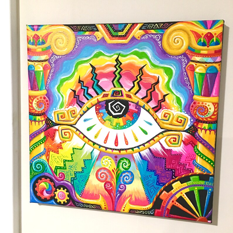 May include: A colorful abstract painting with a large eye in the center. The eye is surrounded by geometric shapes and patterns in shades of pink, yellow, blue, green, and orange.