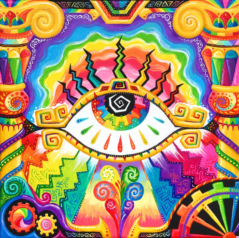 May include: A colorful, psychedelic painting of an eye with rainbow colors and geometric patterns. The eye is surrounded by swirling designs and a bright yellow background.