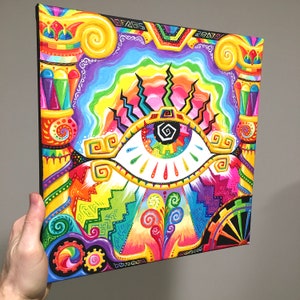 May include: A colorful abstract painting with a large eye in the center. The eye is surrounded by swirling patterns and bright colors, including yellow, green, blue, red, and purple. The painting has a psychedelic and trippy vibe.