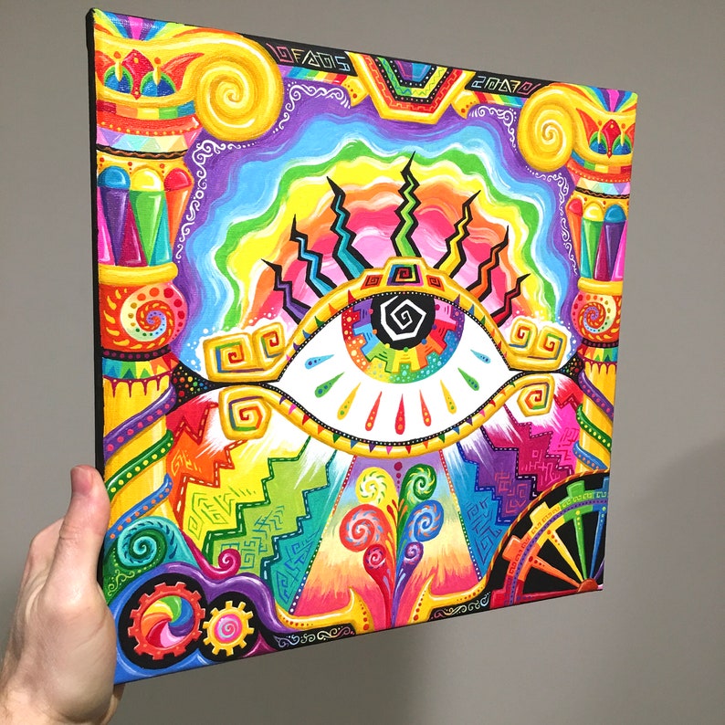 May include: A colorful abstract painting with a large eye in the center. The eye is surrounded by swirling patterns and bright colors, including yellow, green, blue, red, and purple. The painting has a psychedelic and trippy vibe.