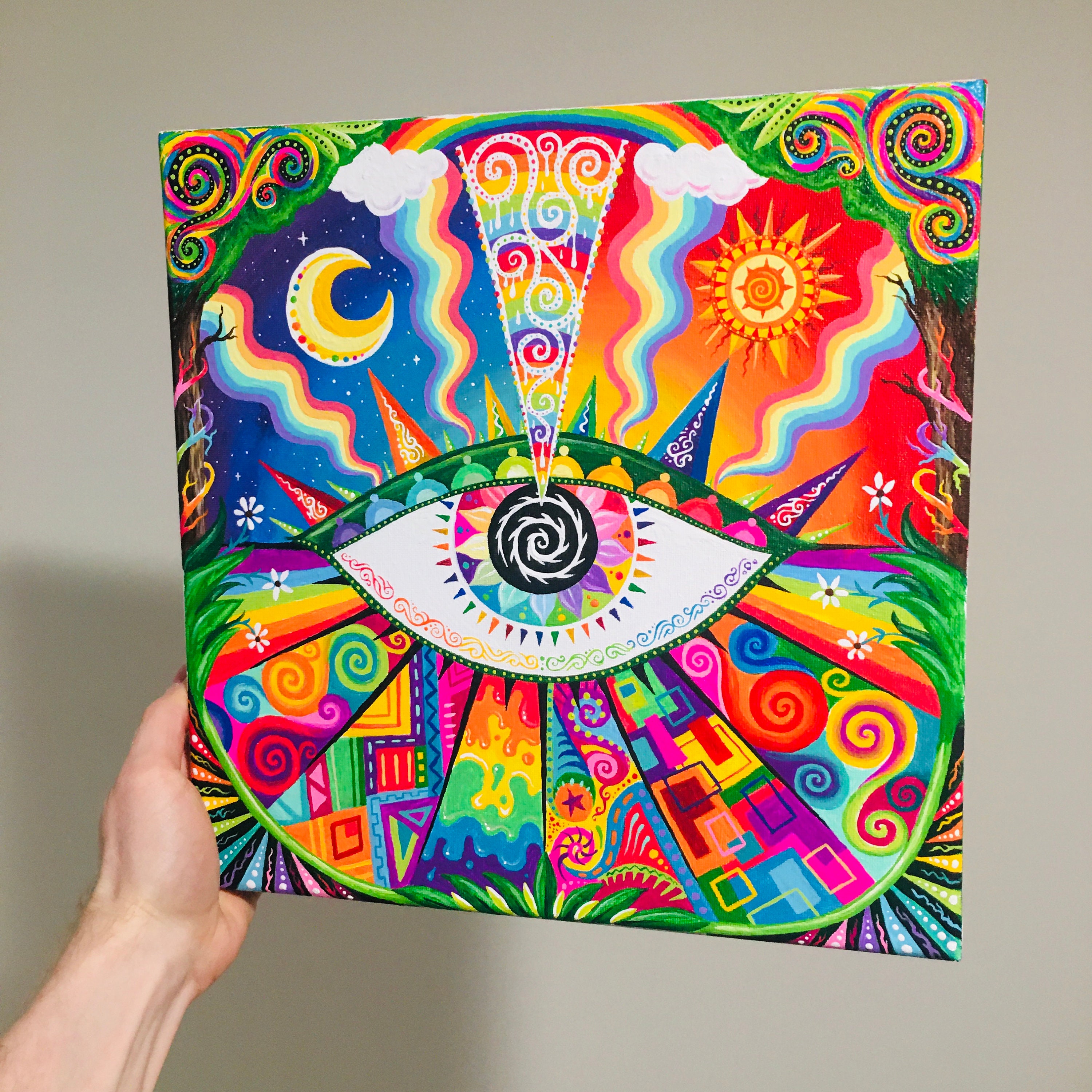 1' by 1' Rainbow Psychedelic Painting - "Psychic Eye 6"