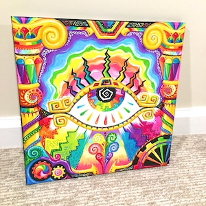 May include: A colorful abstract painting on canvas featuring a large eye with a rainbow iris and a black pupil. The eye is surrounded by geometric shapes and swirls in shades of yellow, orange, red, pink, blue, green, and purple.
