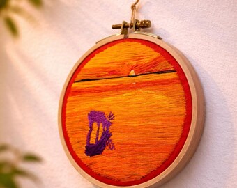Sunset Embroidery Hoop Art: Purple Deer Silhouette Wal Decor