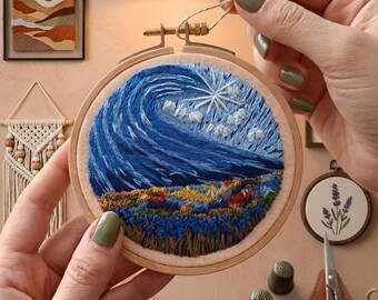 Starry Night Inspired Embroidery: Blue Night Sky Landscape