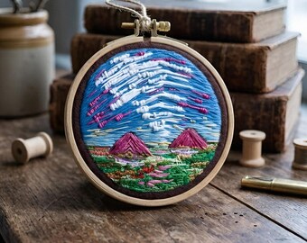 Abstract Sunset Landscape Art: Pink Mountain Embroidery Hoop Art