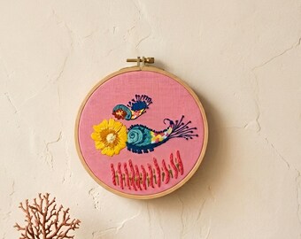 Hand Embroidery Fish & Flower Art, Boho Home Decor (6.7 inch)