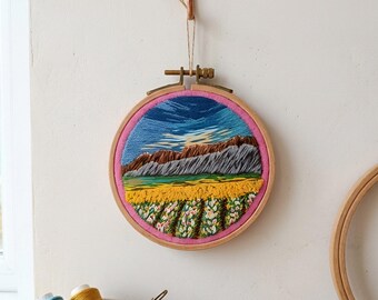 Handmade Mountain Landscape Embroidery: Alpine Meadow Home Hoop Decor