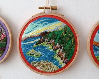 Hand Embroidered Hoop Art: Sea and Mountain Cliff Landscape Wall Decor