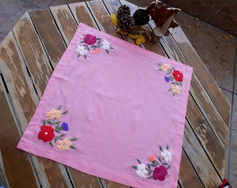 Embroidery Flowers Napkins Pink Cotton Table Runner Table Cover Housewarming Gift Wedding Gift  for Her Him