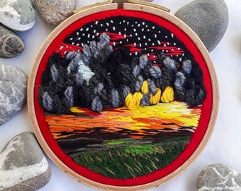 Landscape Sunset View Embroidery Scenery Hoop Art Thread Painting Circle Wall Hanging Unique Gift For Him/Her