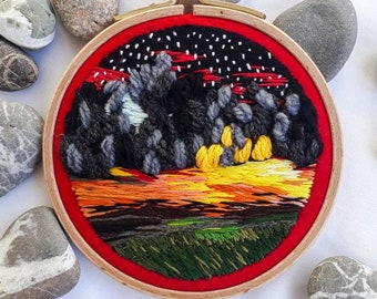 Paysage Coucher de soleil Vue Broderie Paysage Hoop Art Fil Peinture Cercle Mur Accrochage Cadeau Unique Pour Lui / Elle