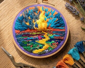 Abstract Nature Embroidery Hoop Art: Vibrant Sunlit Landscape