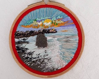 Scandinavian Landscape Iceland Black Sand Beach Embroidery Sea Hoop Art Wall Hanging Round Wall Decor Gift İdea