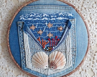 Mer paysage broderie mer poisson Decor cerceau Tenture murale Boho Wall Art poissons vue sur l’océan cadeau pour elle lui