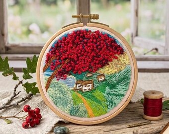 Embroidery Red Blossom Tree: Cozy Cottage Landscape Wall Art