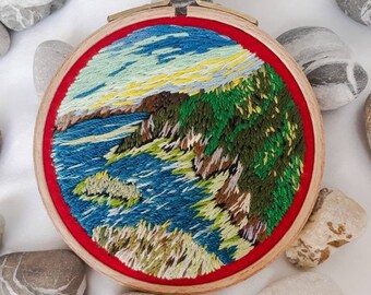 Mer paysage fil peinture broderie cerceau art décoration murale paysage vue ronde moderne cadeau pour lui