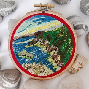 Hand Embroidered Landscape Hoop Art Ocean and Mountain Cliff Wall Decor Nature Inspired Embroidery