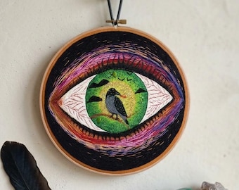 Hand Embroidered Mystic Eye: The Crow and the Seed wall decor (12'')