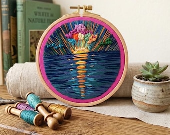 Embroidered Landscape Hoop Art: Colorful Sunset, Thread Painting (5.5'')
