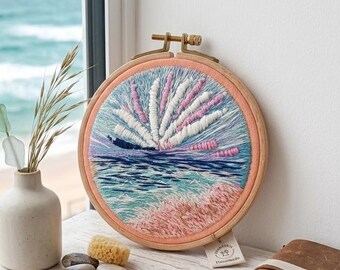 Embroidered Ocean Landscape Hoop Art: Pink Beach Sunset Needlework Wall Hanging