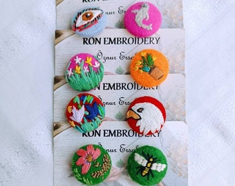Botones bordados Botones de animales Broche cubierto de tela Botón floral hecho a mano Diseño Pin Accesorios 8 piezas