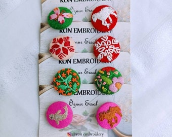 Embroidery Buttons Fabric Covered Brooch Handcrafted Floral Design Pin Accessories 8 Pcs