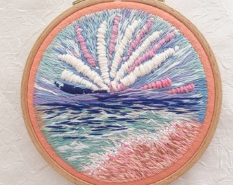 Embroidery Landscape Ocean Pink Beach Wall Art Thread Painting Needle Art Hoop Wall Hanging Decor