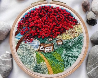 Embroidered Wall Art Tree Landscape Hoop Wall Hanging Small Thread Decor Countryside Craft Gift İdea