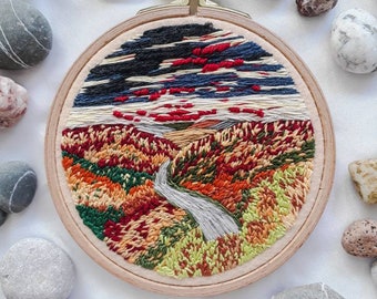 Broderie paysage d'automne cerceau art tenture murale fil peinture rond décoration murale cadeau pour elle lui