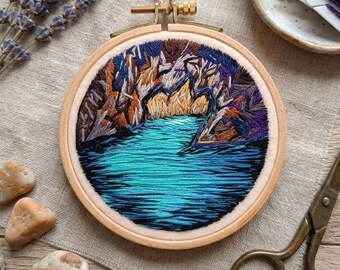 Mystical Cave Lake Embroidery: Hidden Lagoon Wall Art
