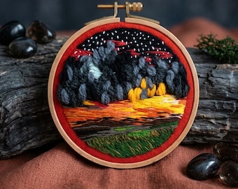 Night and Day Landscape Embroidery Art: Surreal Nature Hoop Art