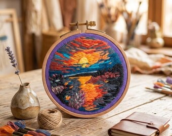 Hand Embroidered Sunset Landscape: Hoop Colorful Decor