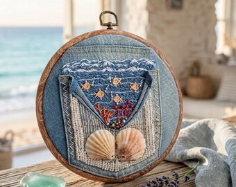 Denim Pocket Embroidery Under the Sea Wall Art: 3D Mixed Media Shell Art