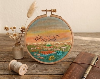 Mixed Media Landscape Hoop Art: Watercolor Sky Embroidered Scenic View