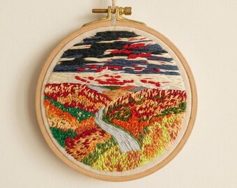 Handmade Autumn Road Embroidery: Scenic Countryside Hoop Art