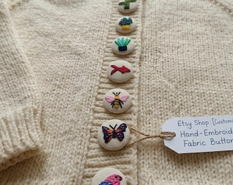 Handmade Fabric Covered Buttons: Embroidered Style Button Set 8 Pcs