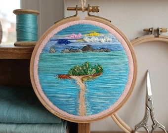 Handmade Tropical Island Embroidery: Ocean Landscape Wall Hoop Art