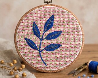 Embroidery Blue Leaf Hoop Art: Geometric Modern Botanical Wall Decor