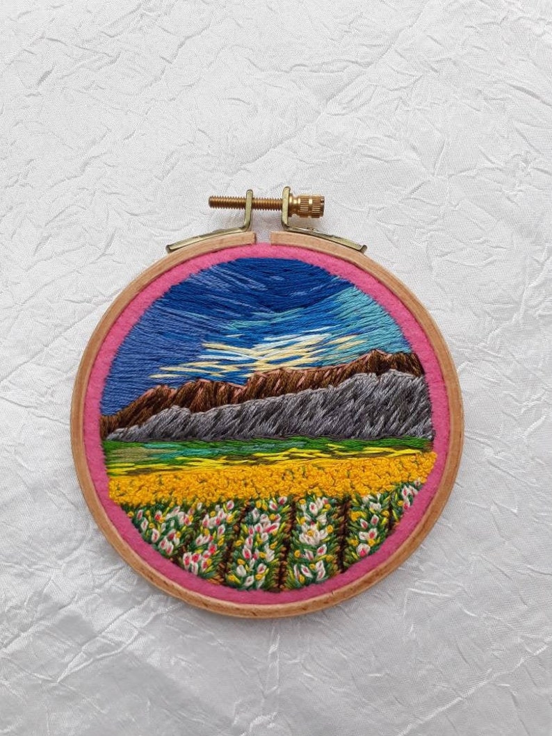 Fil paysage, broderie, cerceau, art, paysage naturel, rond, tenture murale, décoration, cadeau, pour, meilleur ami image 1