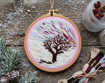 Windy Tree Embroidery Landscape Wall Art: Abstract Pink Sky Hoop Art