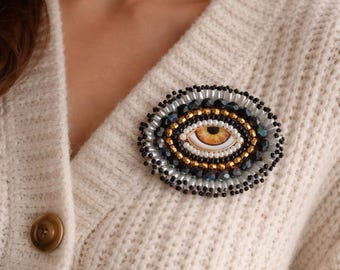 Handmade Beaded Eye Brooch: Evil Eye Pin for jackets and Coats