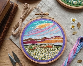 Hand Embroidered Landscape Hoop Art: Colorful Sunset Daisies Nature Wall Decor