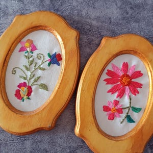 Vintage Hand Embroidered Floral Wall Art Set of 2 Wooden Oval Frames Cottagecore Home Decor
