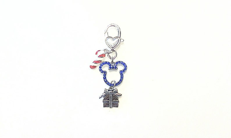 Backpack /& Key Clip New Handmade Exclusive Disney/'s Blue Crystal Iconic Mickey Ears And Candy Cane Present Cute Holiday Purse