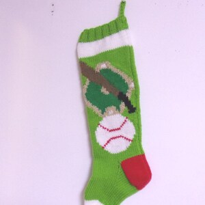 Christmas Stocking - Baseball, Bat and Playing Field on Bright Green Background - Fair Isle Hand Knit - 22&quot;- ONE-OF-A-KIND