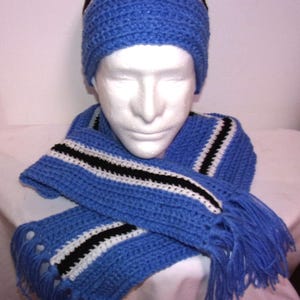 Winter Hat/Toboggan and Scarf Set.  Blue with Black and White Stripe. Hand Crochet 4Ply Acrylic Yarn. One of a kind Design.  Unisex