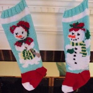 Frosty The Snowman and Frostina Christmas Stocking Set. On Aqua background,  White Snow Flakes on Back. Fair Isle, Hand Knit- 24in. ONE ONLY